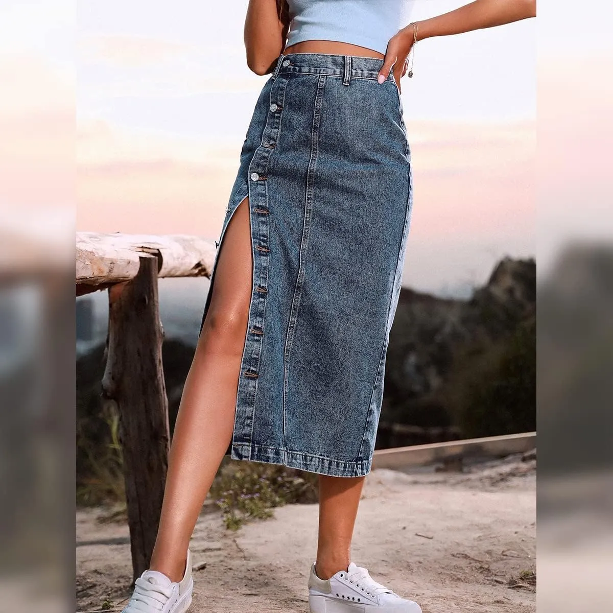 Womens Casual Slit Denim Midi Skirt 2024 Summer High Waisted Button Up Denim Jean Skirts XS-L
