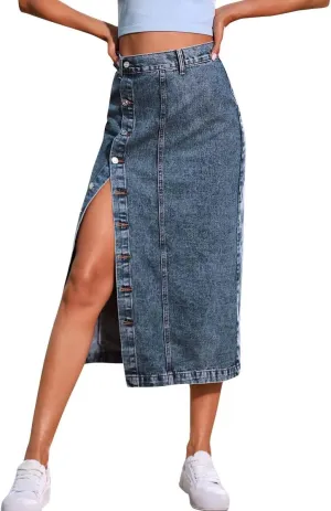 Womens Casual Slit Denim Midi Skirt 2024 Summer High Waisted Button Up Denim Jean Skirts XS-L