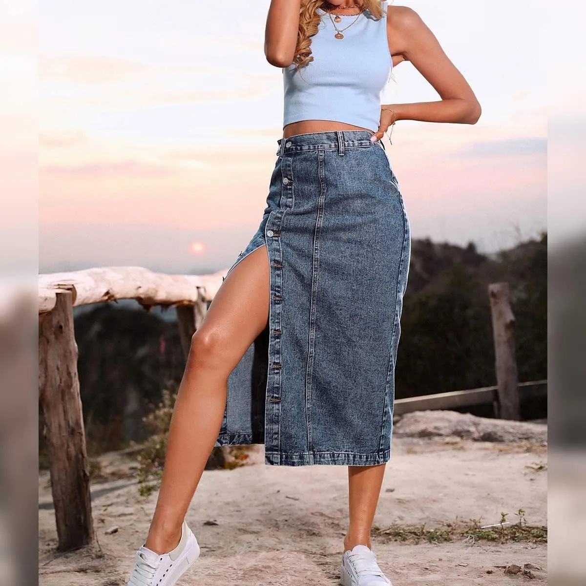 Womens Casual Slit Denim Midi Skirt 2024 Summer High Waisted Button Up Denim Jean Skirts XS-L