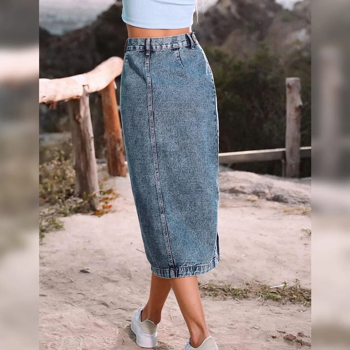 Womens Casual Slit Denim Midi Skirt 2024 Summer High Waisted Button Up Denim Jean Skirts XS-L