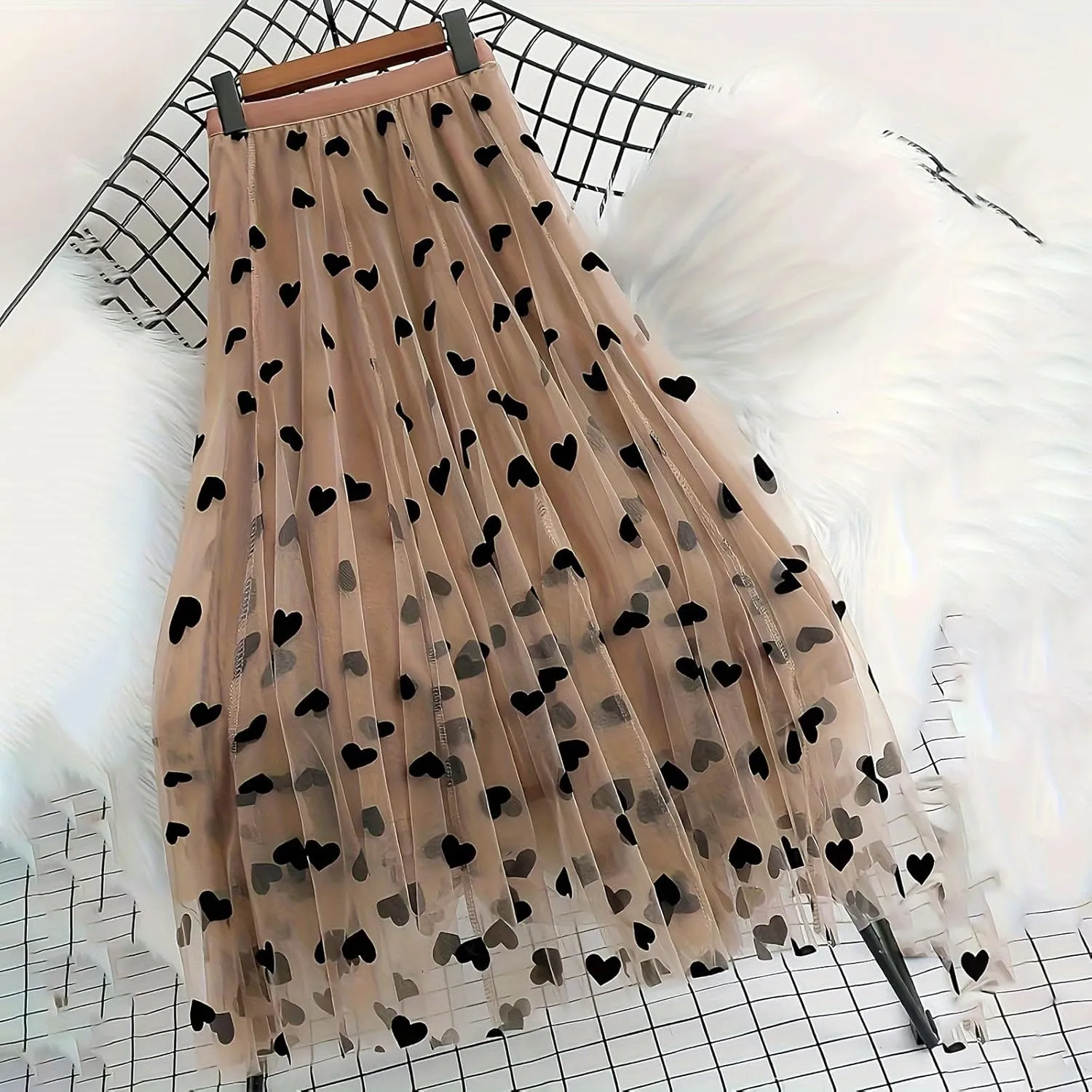 Women's Casual Trendy Loose Fit Elastic High Waist Tulle Midi Skirt Heart Embroidery Layered Mesh A-line Swing Skirts