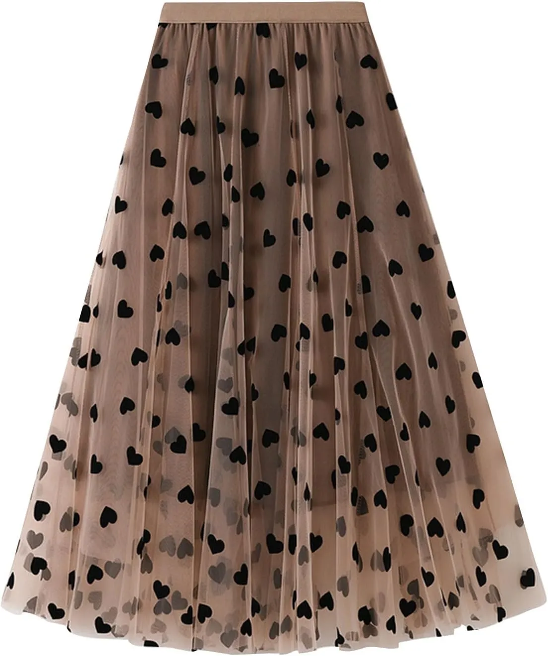 Women's Casual Trendy Loose Fit Elastic High Waist Tulle Midi Skirt Heart Embroidery Layered Mesh A-line Swing Skirts