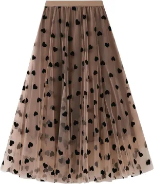 Women's Casual Trendy Loose Fit Elastic High Waist Tulle Midi Skirt Heart Embroidery Layered Mesh A-line Swing Skirts