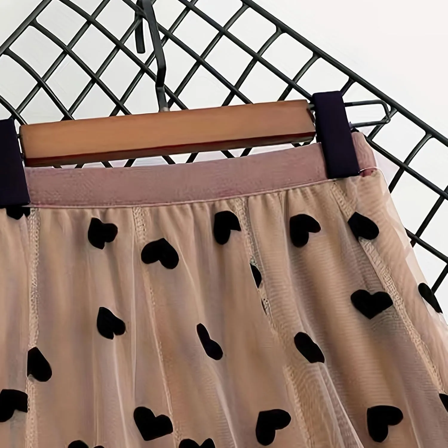Women's Casual Trendy Loose Fit Elastic High Waist Tulle Midi Skirt Heart Embroidery Layered Mesh A-line Swing Skirts