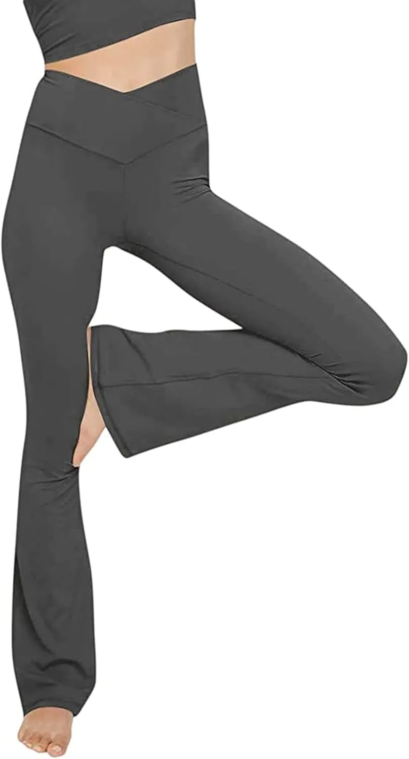 Women's Casual Yoga Pants V Crossover Flare Leggings High Waisted Workout Pants Bell Bottom Trouser Bootleg Leggings