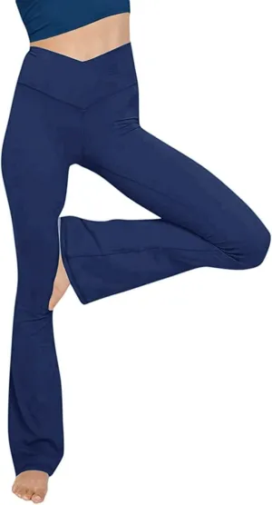 Women's Casual Yoga Pants V Crossover Flare Leggings High Waisted Workout Pants Bell Bottom Trouser Bootleg Leggings