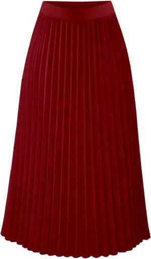 Women's Chiffon Pleated Midi Skirt High Waist Swing Boho Pleated Skirt Casual Solid Color Elastic A-Line Long Skirts