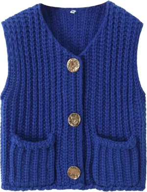 Women's Chunky Knit Vest Button Down Casual Sleeveless Cropped Crochet Sweater Cardigan with Pockets