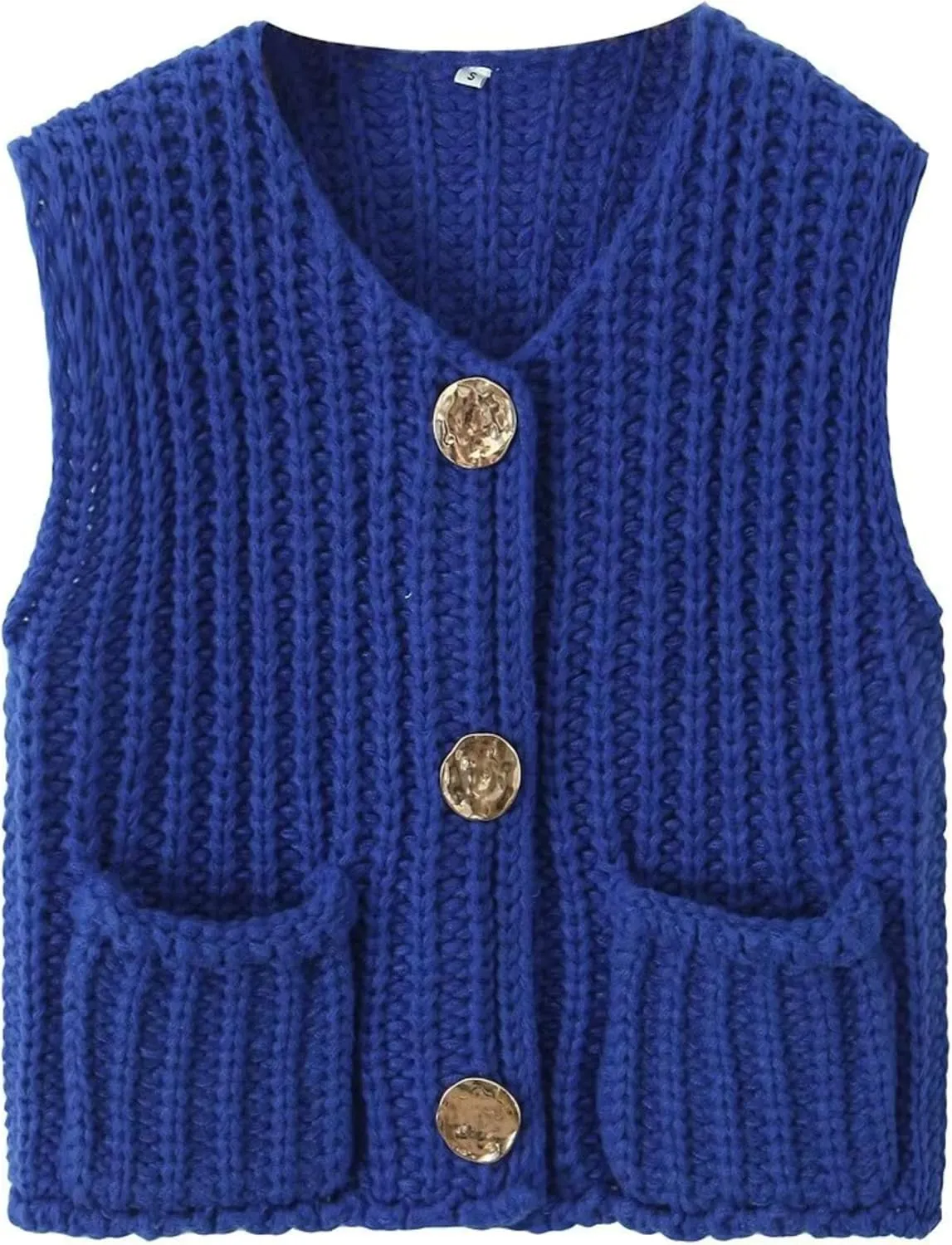 Women's Chunky Knit Vest Button Down Casual Sleeveless Cropped Crochet Sweater Cardigan with Pockets