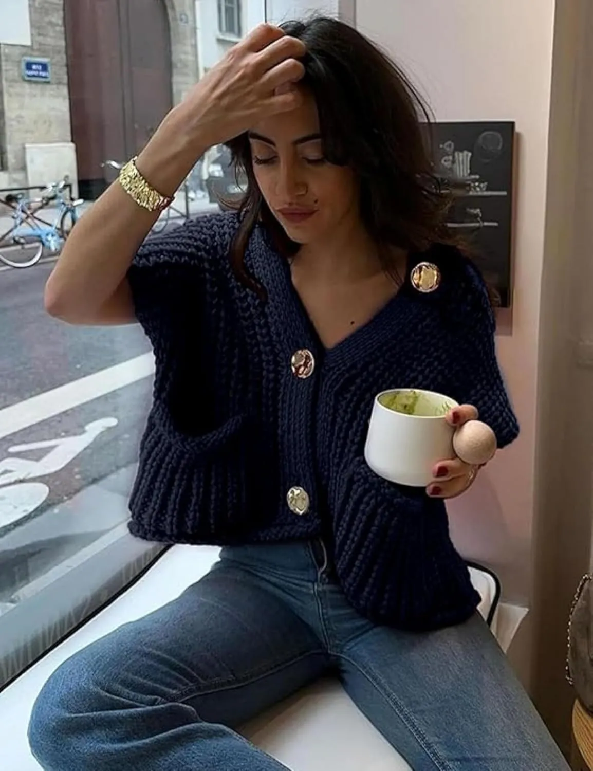 Women's Chunky Knit Vest Button Down Casual Sleeveless Cropped Crochet Sweater Cardigan with Pockets