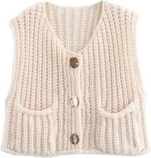 Women's Chunky Knit Vest Button Down Casual Sleeveless Cropped Crochet Sweater Cardigan with Pockets