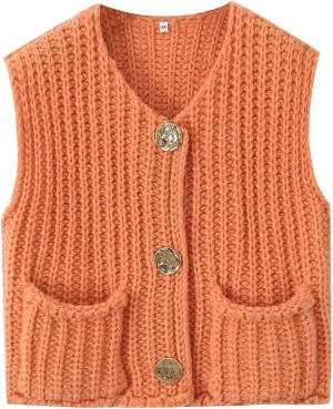 Women's Chunky Knit Vest Button Down Casual Sleeveless Cropped Crochet Sweater Cardigan with Pockets