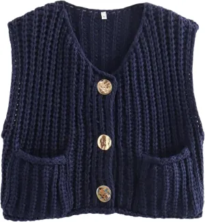 Women's Chunky Knit Vest Button Down Casual Sleeveless Cropped Crochet Sweater Cardigan with Pockets