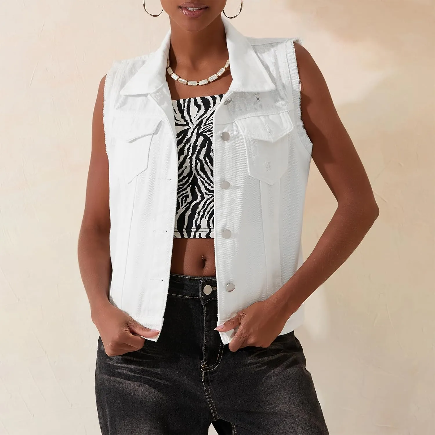 Women's Classic Washed Denim Vest Button Down Collared Sleeveless Jean Jackets Casual Crop Jean Vest Top Waistcoat