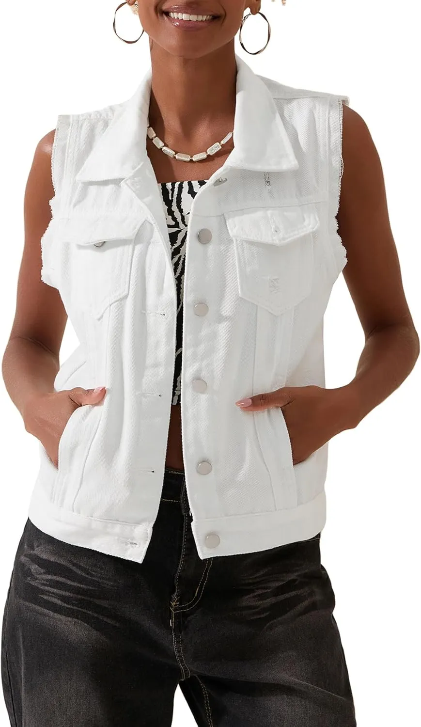 Women's Classic Washed Denim Vest Button Down Collared Sleeveless Jean Jackets Casual Crop Jean Vest Top Waistcoat