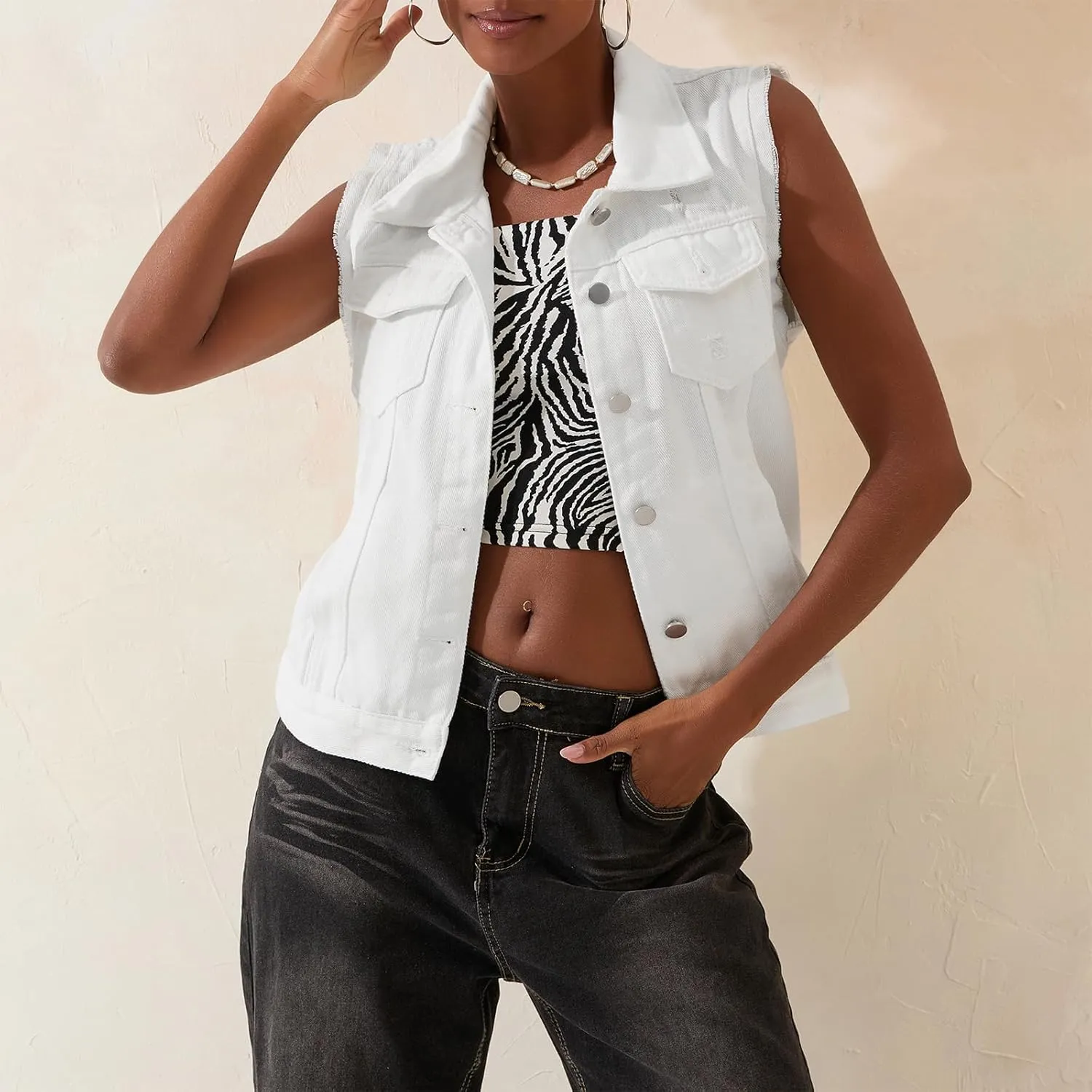 Women's Classic Washed Denim Vest Button Down Collared Sleeveless Jean Jackets Casual Crop Jean Vest Top Waistcoat