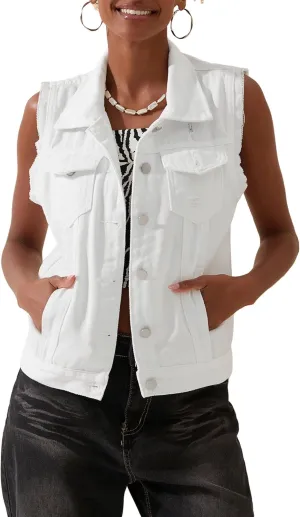 Women's Classic Washed Denim Vest Button Down Collared Sleeveless Jean Jackets Casual Crop Jean Vest Top Waistcoat