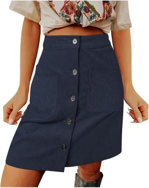 Womens Corduroy Skirts High Waist Button Down A-line Short Skirt Y2K Trendy Casual Skirt with Pockets for Fall Winter