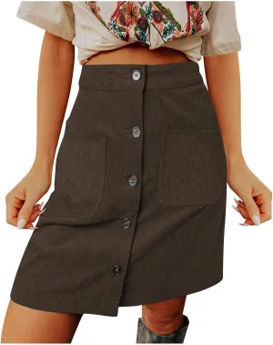 Womens Corduroy Skirts High Waist Button Down A-line Short Skirt Y2K Trendy Casual Skirt with Pockets for Fall Winter