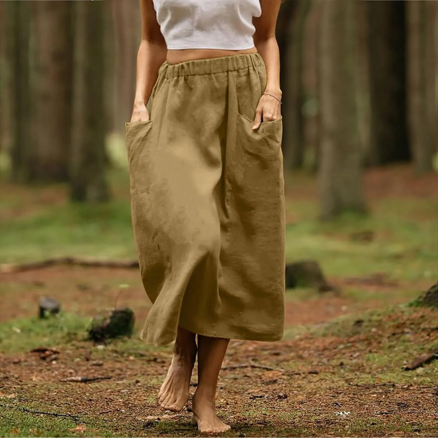 Women's Cotton Linen Casual Midi Skirt High Elastic Waisted Long Skirts Fall Winter Solid Color Skirt with Pockets