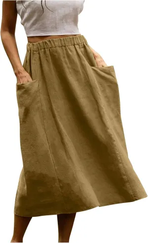 Women's Cotton Linen Casual Midi Skirt High Elastic Waisted Long Skirts Fall Winter Solid Color Skirt with Pockets