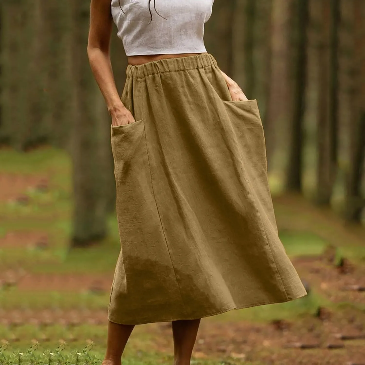 Women's Cotton Linen Casual Midi Skirt High Elastic Waisted Long Skirts Fall Winter Solid Color Skirt with Pockets