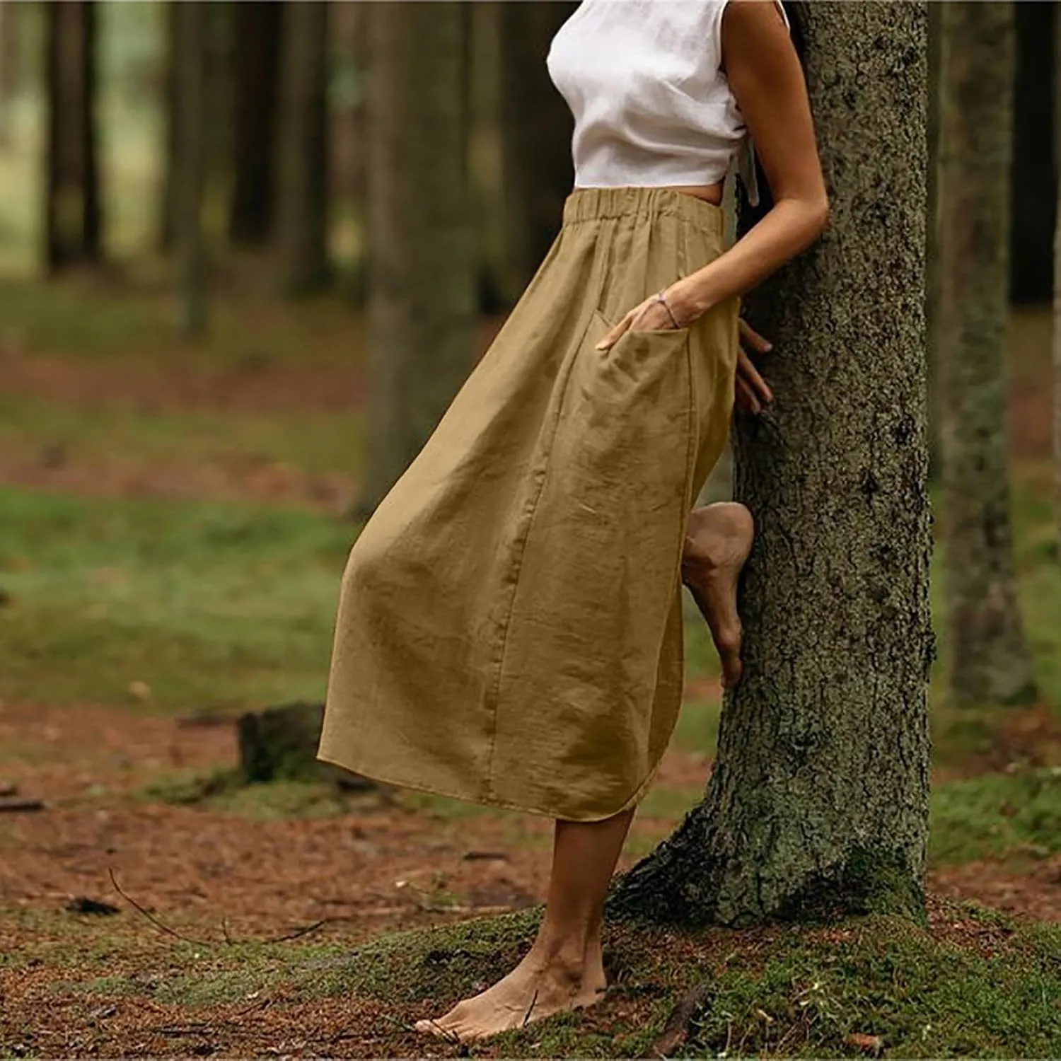 Women's Cotton Linen Casual Midi Skirt High Elastic Waisted Long Skirts Fall Winter Solid Color Skirt with Pockets