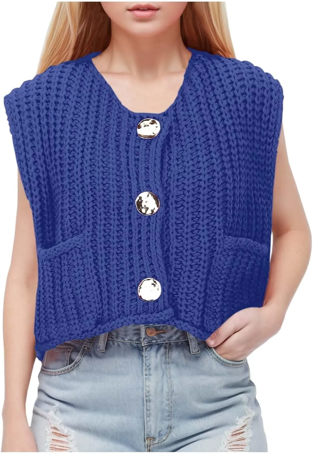Womens Crochet Chunky Knit Tank Top Sleeveless Button Down Trendy Casual Crop Tops Cardigan Sweater Vest with Pockets