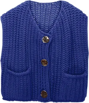 Womens Crochet Chunky Knit Tank Top Sleeveless Button Down Trendy Casual Crop Tops Cardigan Sweater Vest with Pockets