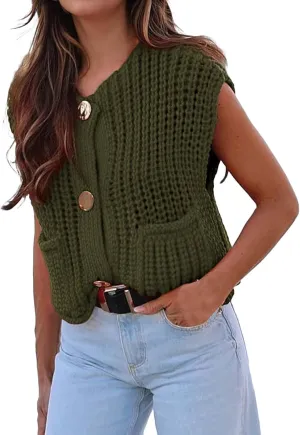 Womens Cropped Cardigan Sweater Vest Sleeveless Button Down Open Front Chunky Knit Crochet Vest Sweater Tops