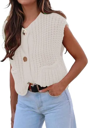 Womens Cropped Cardigan Sweater Vest Sleeveless Button Down Open Front Chunky Knit Crochet Vest Sweater Tops