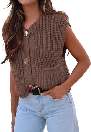 Womens Cropped Cardigan Sweater Vest Sleeveless Button Down Open Front Chunky Knit Crochet Vest Sweater Tops