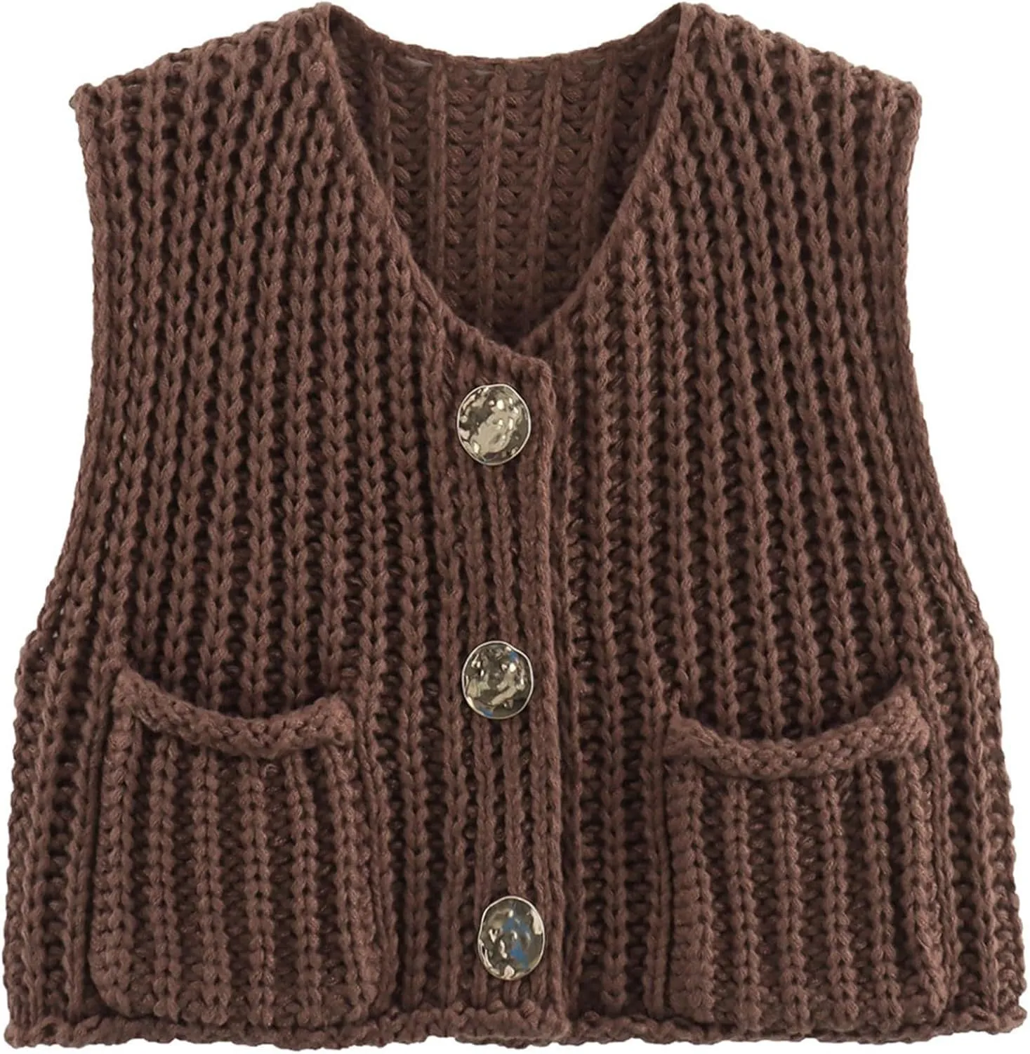 Womens Cropped Cardigan Sweater Vest Sleeveless Button Down Open Front Chunky Knit Crochet Vest Sweater Tops