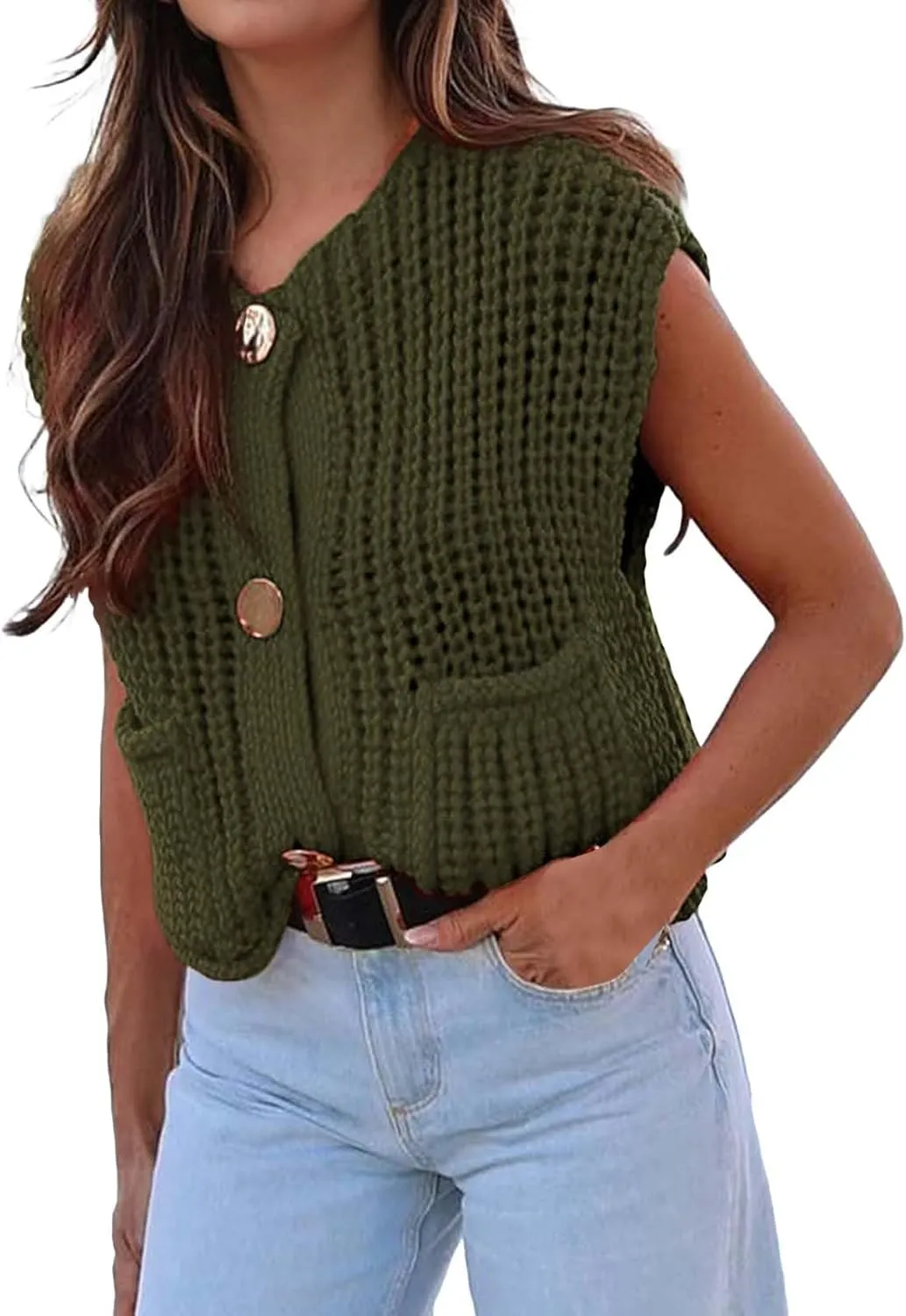 Womens Cropped Cardigan Sweater Vest Sleeveless Button Down Open Front Chunky Knit Crochet Vest Sweater Tops