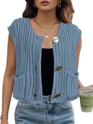 Womens Cropped Sweater Vest Sleeveless Chunky Kint Cardigan Top Casual Warm Button Down Crop Tops with Pockets