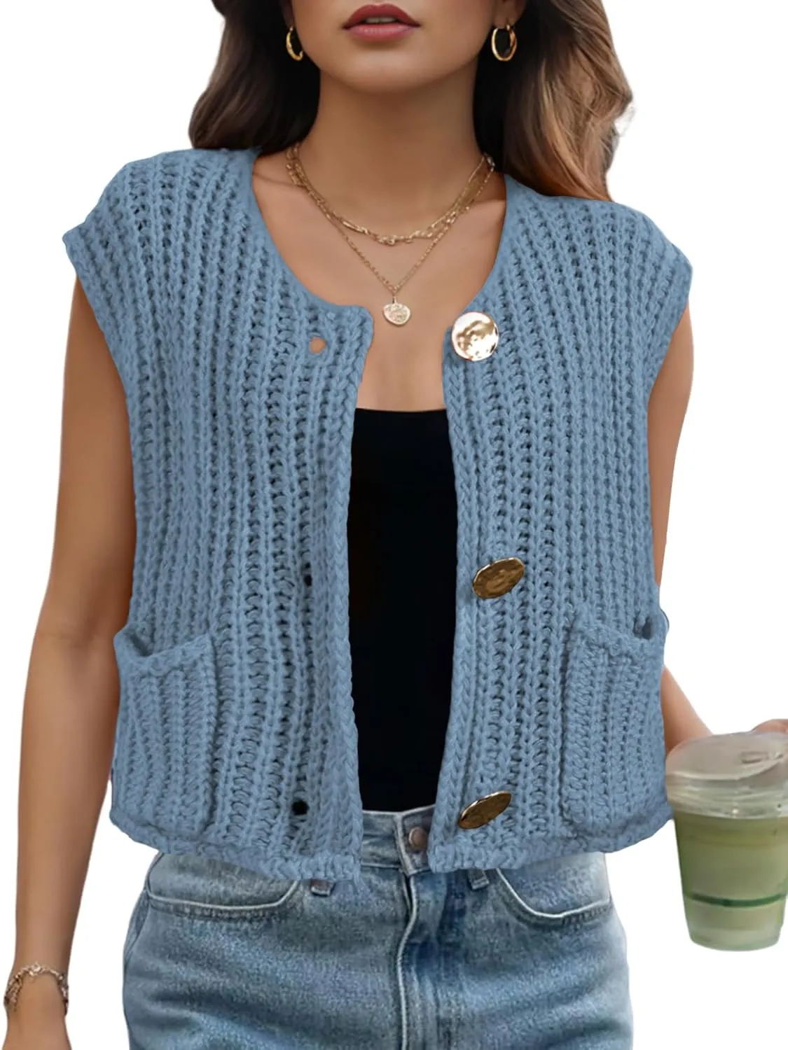 Womens Cropped Sweater Vest Sleeveless Chunky Kint Cardigan Top Casual Warm Button Down Crop Tops with Pockets