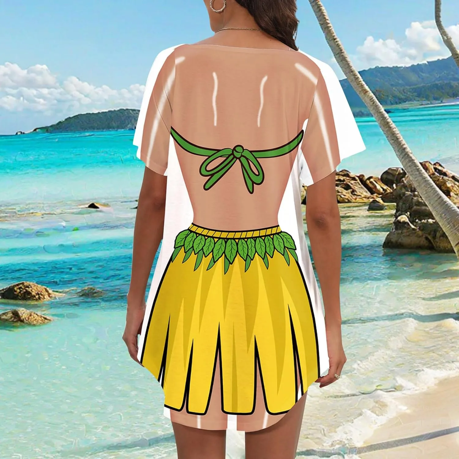 Women's Cute Bikini Printed T Shirt Dress Short Sleeve Baggy Shirt Beach Fun Swimwear Cover Up Dress