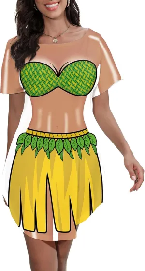 Women's Cute Bikini Printed T Shirt Dress Short Sleeve Baggy Shirt Beach Fun Swimwear Cover Up Dress