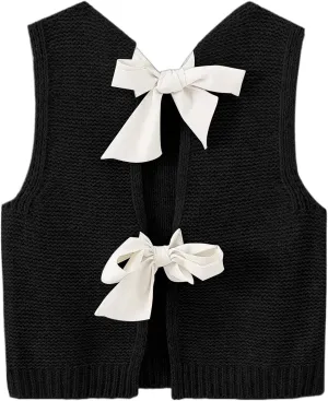 Womens Cute Bow Tie Open Back Cropped Sweater Vest Knit Tank Tops Y2k Girls Sleeveless Cardigan Pullover Shirts
