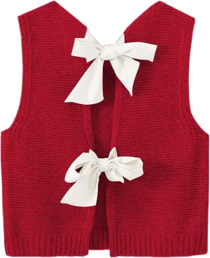 Womens Cute Bow Tie Open Back Cropped Sweater Vest Knit Tank Tops Y2k Girls Sleeveless Cardigan Pullover Shirts