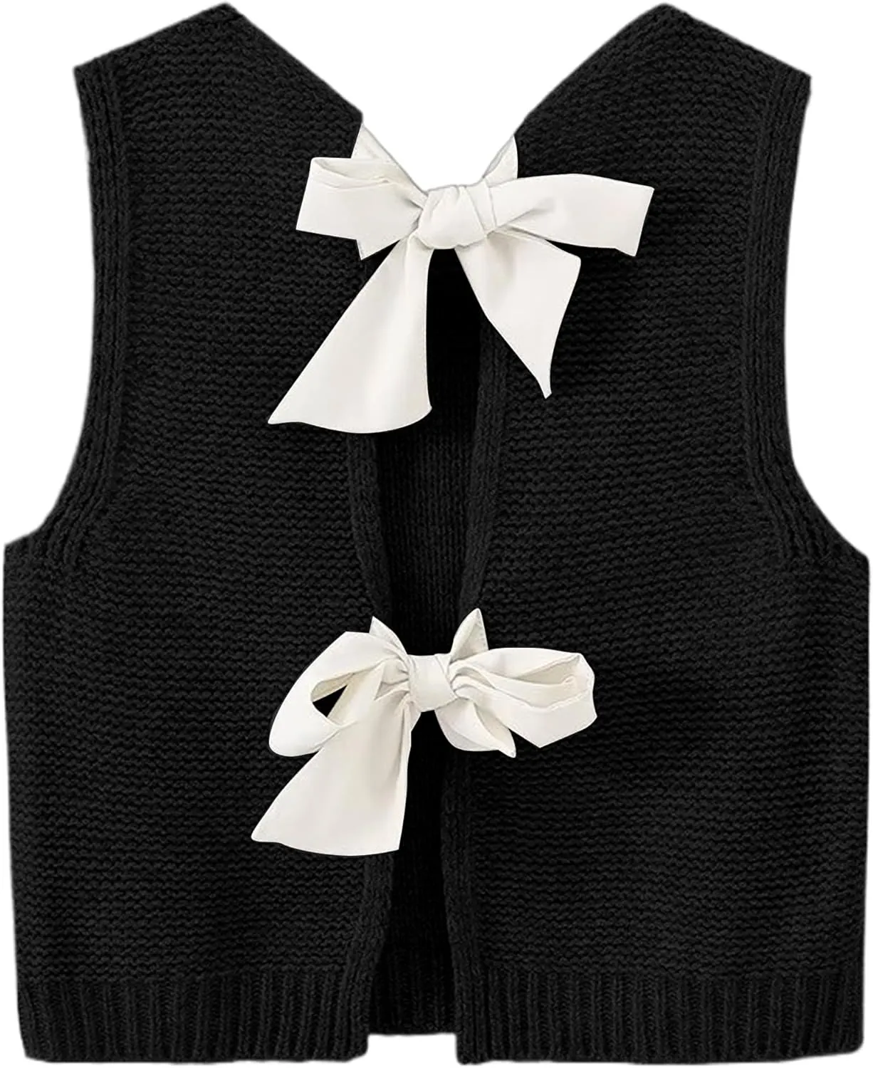 Womens Cute Bow Tie Open Back Cropped Sweater Vest Knit Tank Tops Y2k Girls Sleeveless Cardigan Pullover Shirts