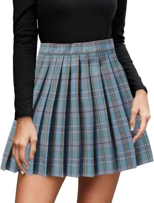 Women's Cute Plaid High Waist Above Knee A-line Skater Mini Short Skirt Stretchy Pleated A Line Mini Skirt Cute