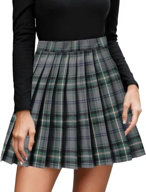 Women's Cute Plaid High Waist Above Knee A-line Skater Mini Short Skirt Stretchy Pleated A Line Mini Skirt Cute