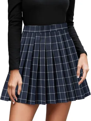Women's Cute Plaid High Waist Above Knee A-line Skater Mini Short Skirt Stretchy Pleated A Line Mini Skirt Cute