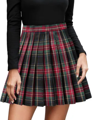Women's Cute Plaid High Waist Above Knee A-line Skater Mini Short Skirt Stretchy Pleated A Line Mini Skirt Cute