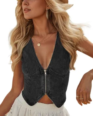 women's deep V denim zipper vest sleeveless summer sexy short denim vest jacket