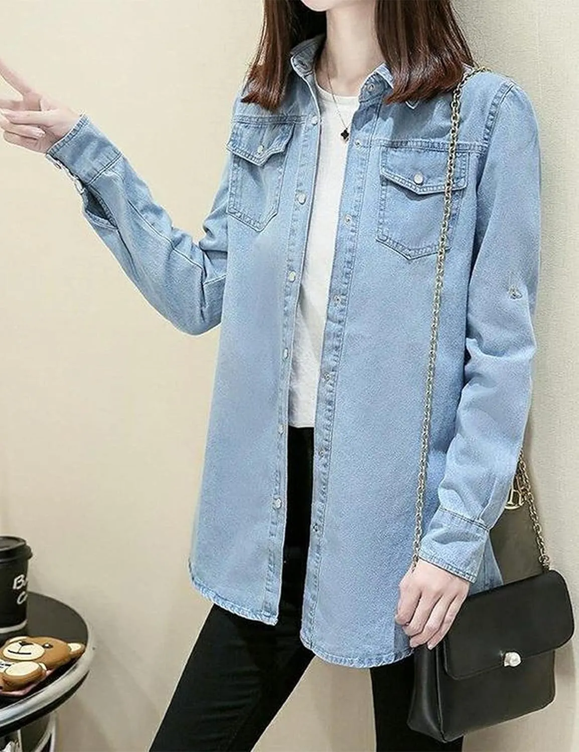 Women's Denim Shirt Long Sleeve Button Down Jean Jacket Shirt