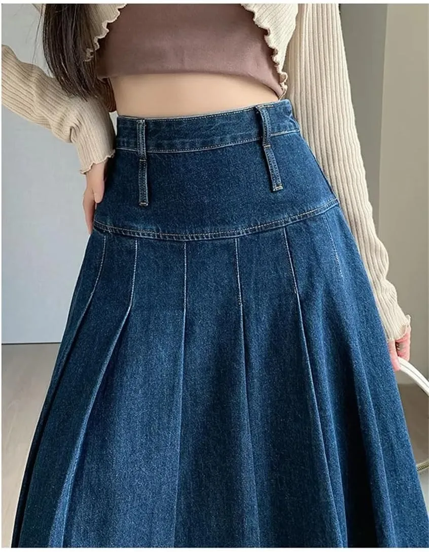 Women's Denim Skirts High Waist Loose Casual Comfortable Denim Midi Pleated Skirt