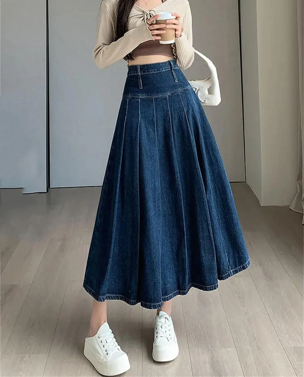 Women's Denim Skirts High Waist Loose Casual Comfortable Denim Midi Pleated Skirt