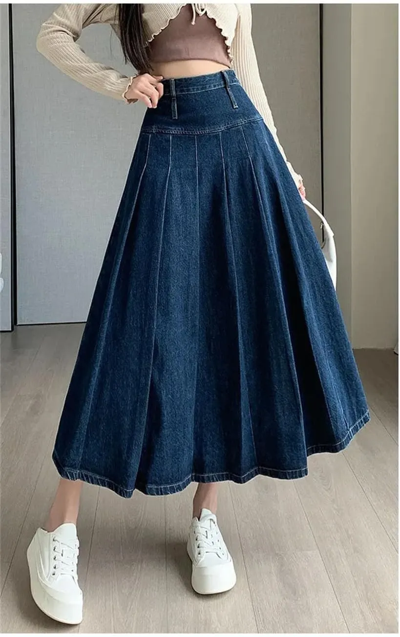 Women's Denim Skirts High Waist Loose Casual Comfortable Denim Midi Pleated Skirt